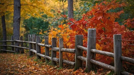 Rustic wooden fence winds its way through vibrant autumnal scene. Fence, constructed from weathered logs, stands as charming barrier.