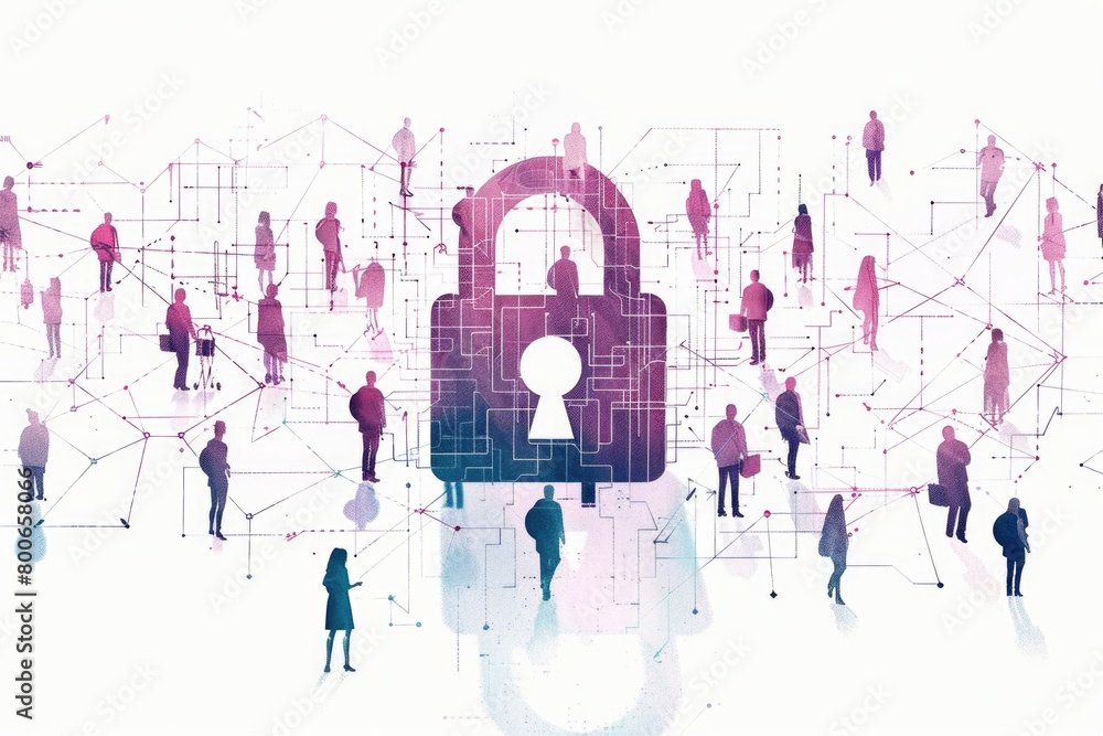 Poster A group of people standing around a padlock. Suitable for security concepts