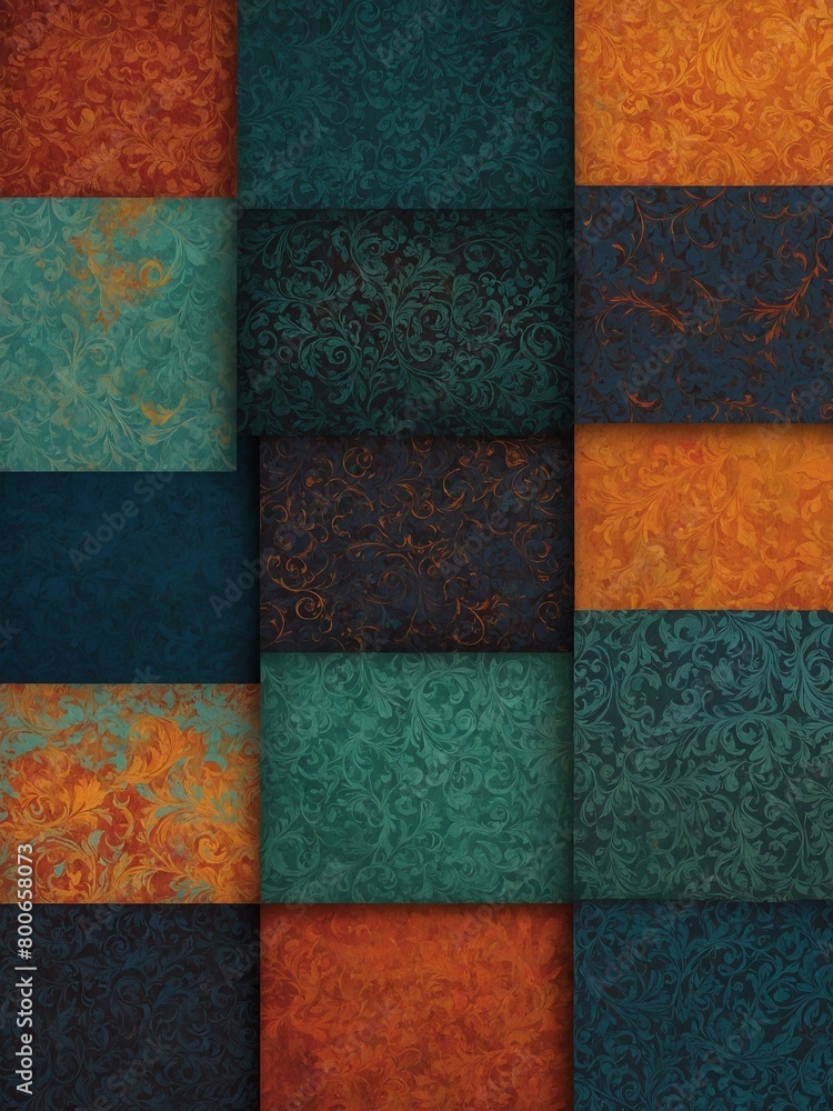 Poster twelve squares of textured, patterned paper arranged in four-by-three grid. squares alternate betwee