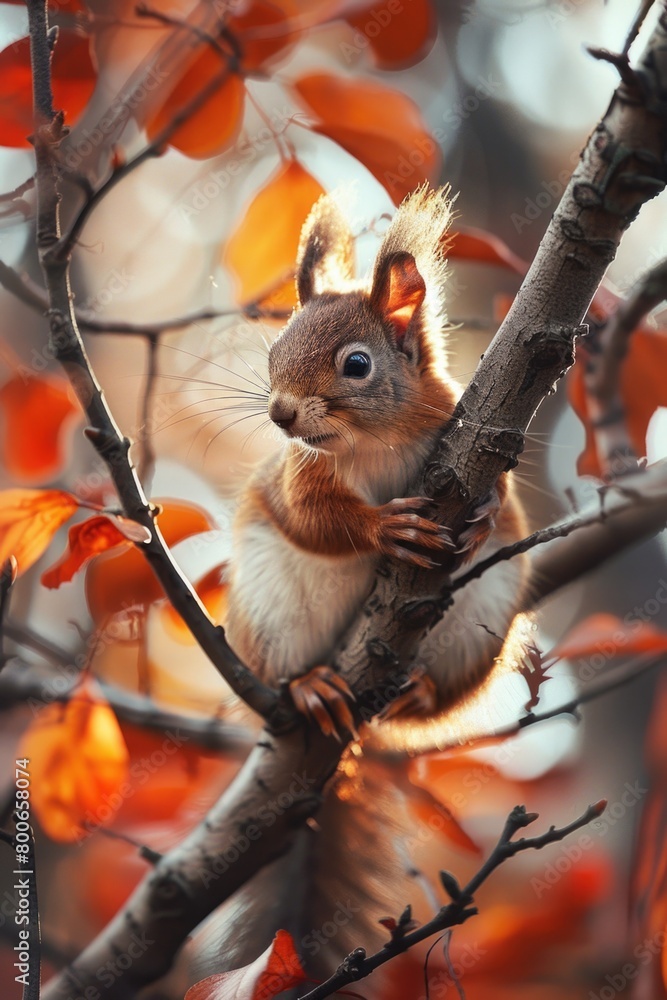 Poster A squirrel perched on a tree branch. Suitable for nature and wildlife concepts