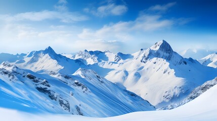Fototapeta na wymiar Panoramic view of snowy mountains and blue sky. Caucasus, Russia