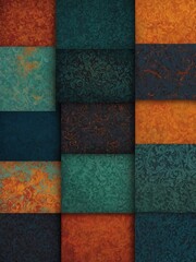 Fototapeta premium Twelve squares of textured, patterned paper arranged in four-by-three grid. Squares alternate between solid colors, intricate floral patterns, creating visually appealing contrast. Color palette warm.