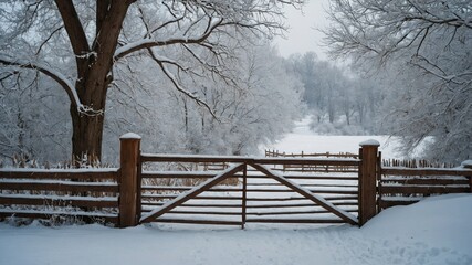 Wooden gate stands closed in foreground, barring entry to snow-covered field. Gate part of larger fence that runs along edge of field, it flanked by two sturdy wooden posts capped with snow.