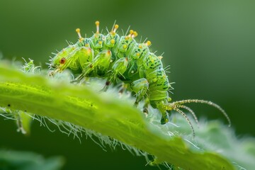 Naklejka premium Close up of a caterpillar on a green plant. Suitable for educational materials or nature-themed designs