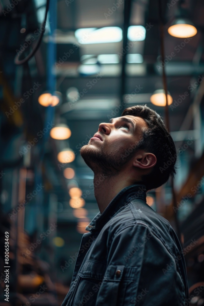 Aufkleber A man looking up in a dark room. Suitable for concepts of introspection and mystery