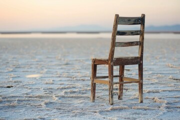 A wooden chair sitting on a snowy field, perfect for winter themes