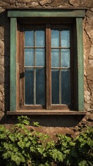 Closed, aged wooden window with six panes set into weathered adobe wall. Window frame painted faded green, vibrant green vine grows up wall below window.