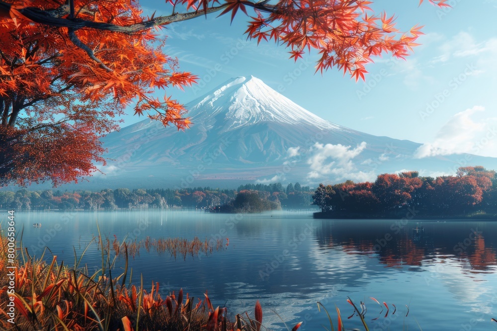 Poster scenic view of a lake with a majestic mountain in the background. perfect for nature and travel them