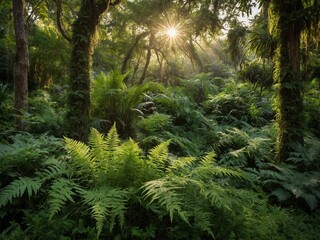 Obraz premium Sunlight streams through dense canopy of lush forest, illuminating vibrant undergrowth of ferns. Forest floor carpeted with thick layer of ferns, their delicate fronds unfurling towards light.