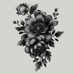 floral design composition in black color with smooth shading and tattoo feel 
