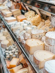 assortment of several cheeses display on a counter meticulously organized on a supermarket shelves
