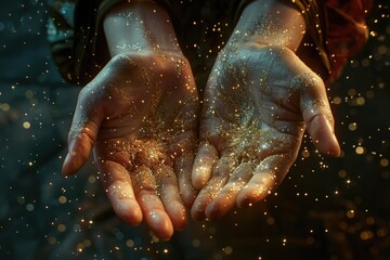A person holding a handful of glitter. Suitable for various creative projects
