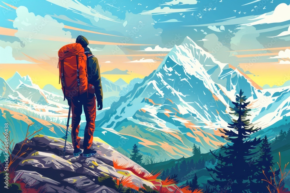 Poster a man standing on the top of a mountain with a backpack. suitable for outdoor adventure concepts