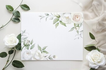 A simple white card surrounded by lush greenery and delicate white flowers. Perfect for invitations or greeting cards