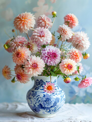 A blue and white vase filled with pink and orange flowers