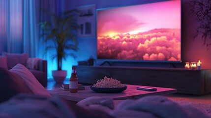 Cinema scene with movie screen and popcorn in living room at night