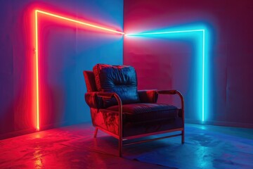 Room with neon lights and a chair, perfect for interior design concepts