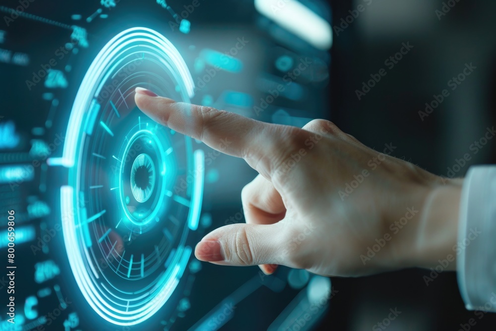 Poster A person interacting with a computer screen, suitable for technology concepts