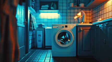 A washer sitting in a kitchen, suitable for household appliance concepts - Powered by Adobe