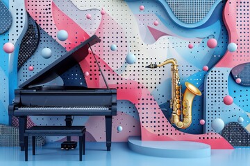 design of an abstract jazz background with musical instruments in Memphis style and pastel colors
