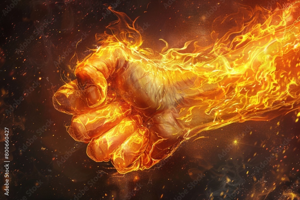 Poster A powerful fist with flames bursting out of it. Suitable for dynamic and energetic concepts