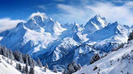 Fototapeta na wymiar Panoramic view of the mountains in the French Alps in winter