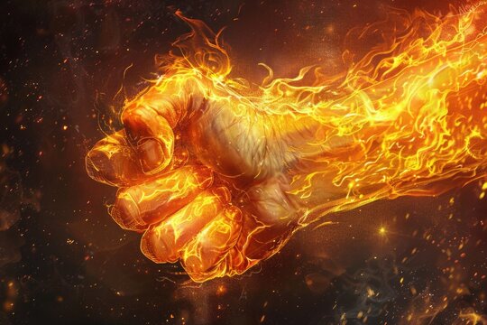 A powerful fist with flames bursting out of it. Suitable for dynamic and energetic concepts