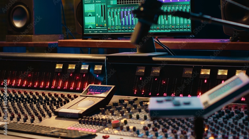 Poster Empty control room running daw software interface on monitor to use in recording and editing audio files, adjusting volume levels. Professional studio having sliders and equalizer.