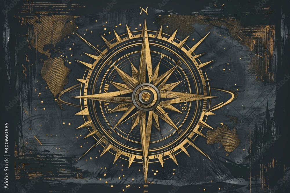 Poster a detailed gold compass rose on a dark black background. perfect for navigation and direction concep