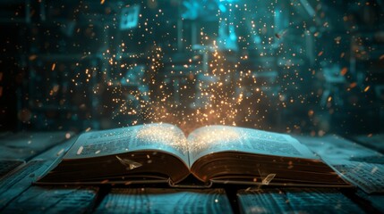 Open Book on Wooden Table With Sparks