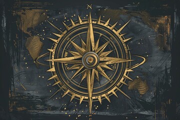 A detailed gold compass rose on a dark black background. Perfect for navigation and direction concepts