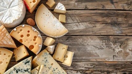 assortment of cheeses on a wooden background
