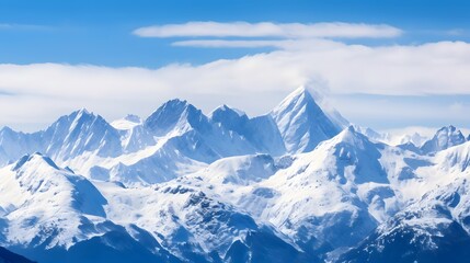 Panoramic view of snowy mountains and blue sky with white clouds