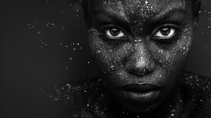 A black and white photo of a woman with glitter on her face, AI