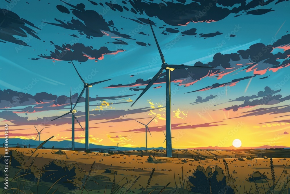 Poster wind turbines in a field at sunset. perfect for energy or environment concepts