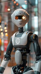 Fototapeta premium A robot with glowing eyes and a smile on its face, AI