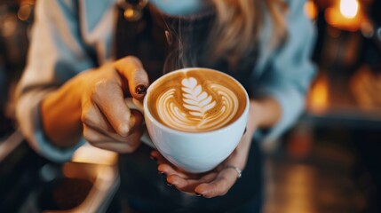 A barista expertly crafting a latte with added adaptogens and superfoods promising to give customers a caffeinefree energy boost. - obrazy, fototapety, plakaty