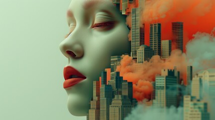 Digital artwork blending a serene female face with an urban skyline enveloped in a mystic red mist, symbolizing the intersection of humanity and urban development - Powered by Adobe