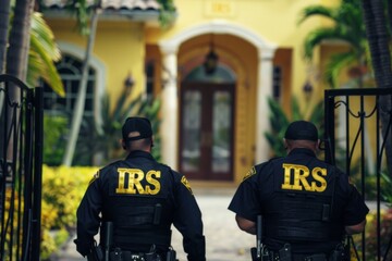IRS tax agents standing in front of a mansion for a raid