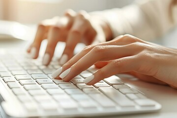Close-up of female hands typing on computer keyboard in cozy home office