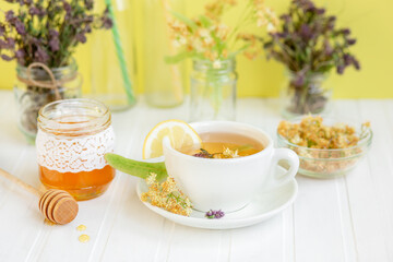 Hot tea from linden flowers with lemon natural honey, healthy treats for vitamins, strong immunity