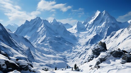 Panoramic view of snow covered mountains in the Swiss Alps.