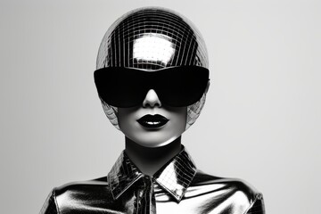 Shiny Disco Ball Head Woman Wearing Stylish Sunglasses And Silver Outfit Standing Confidently Against White Background, Reflecting Light And Sparkle, Embracing Retro 80s Fashion And Glamour