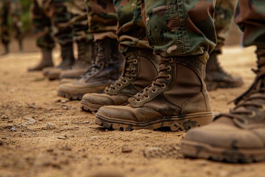 A group of soldiers standing on a dirt field, suitable for military and teamwork concepts