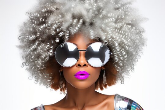 A striking image of a woman with voluminous silver, oversized retro sunglasses and vibrant pink lipstick. She exudes confidence and elegance, gazing boldly at the camera against a white background.