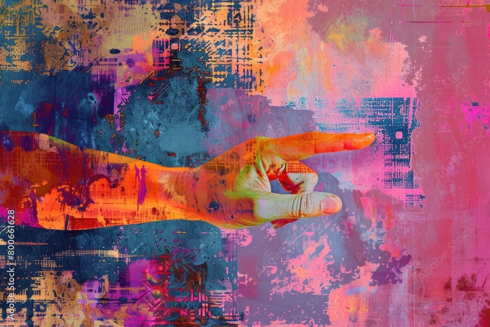 Poster a person's hand pointing at an object, suitable for various concepts and ideas