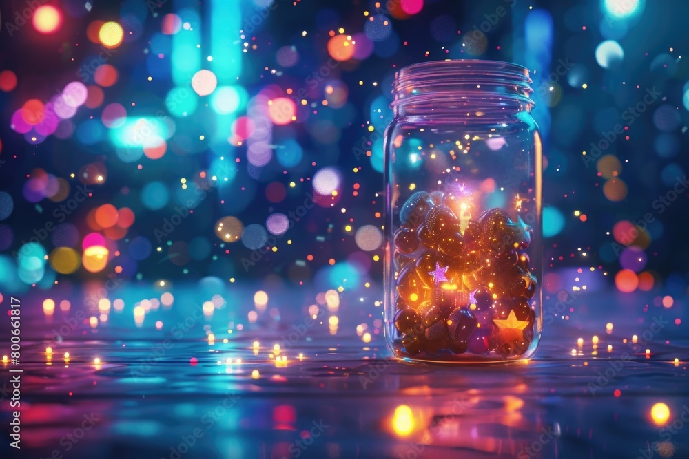 Poster a glass jar filled with vibrant, colorful lights. perfect for adding a pop of color to any project