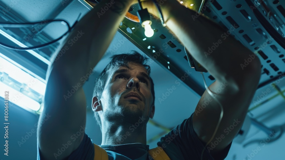 Poster A man working on a computer in a room. Suitable for technology concepts