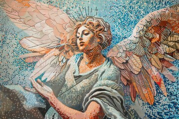 A beautiful painting of an angel holding a bird. Suitable for various design projects