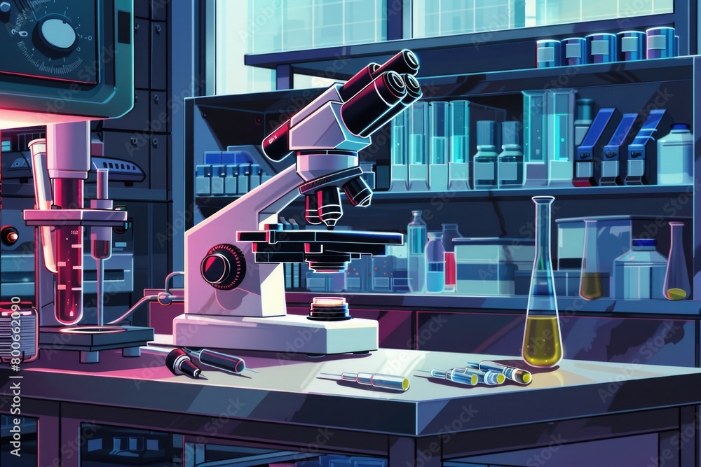 Poster laboratory equipment including a microscope on a table. suitable for scientific and research concept